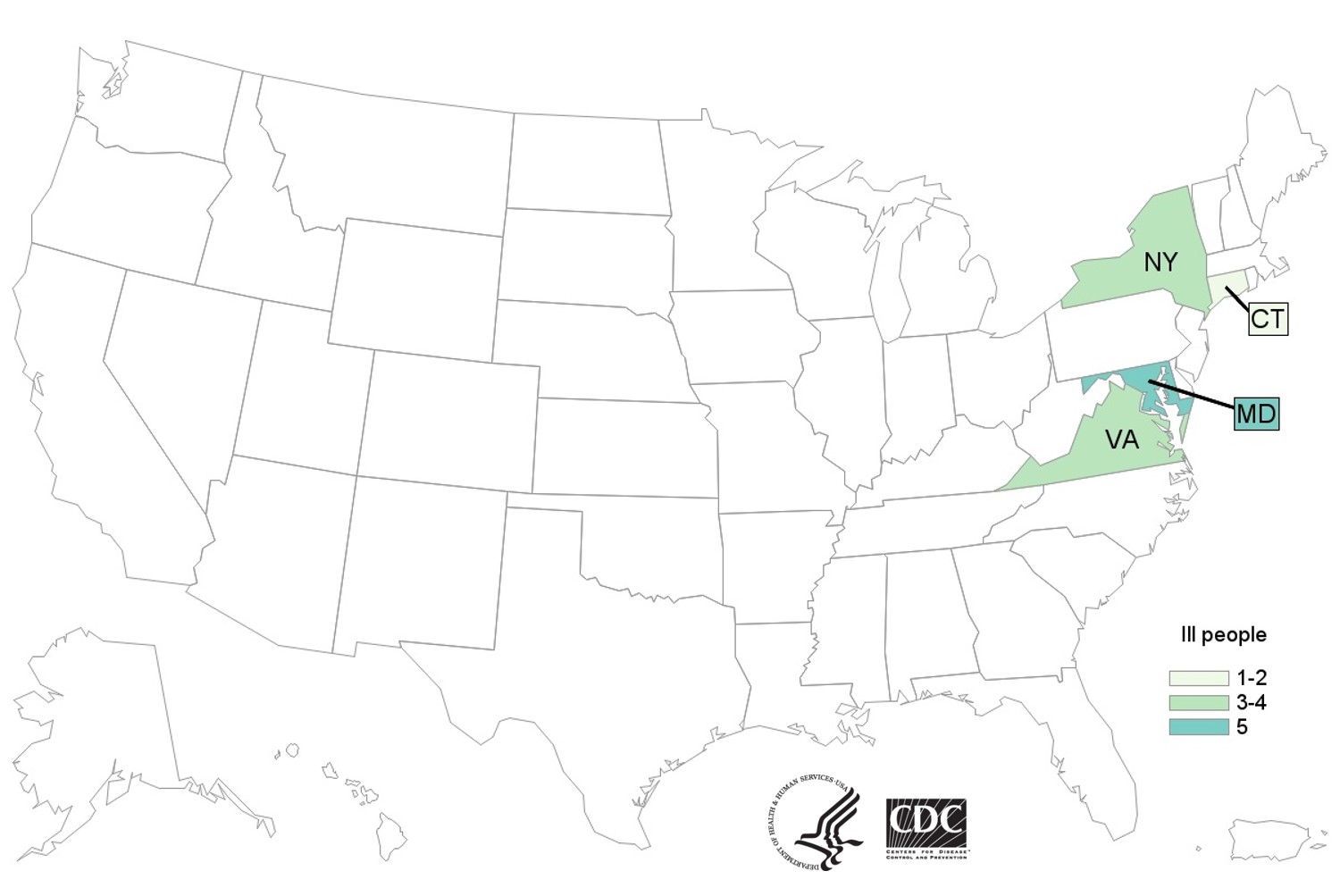 CDC Case Count Map for the Outbreak Investigation of Listeria monocytogenes in Hispanic-style Fresh and Soft Cheeses as of May 14, 2021