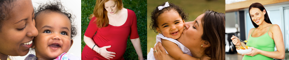 Collage of photos of pregnant women and new moms holding their babies