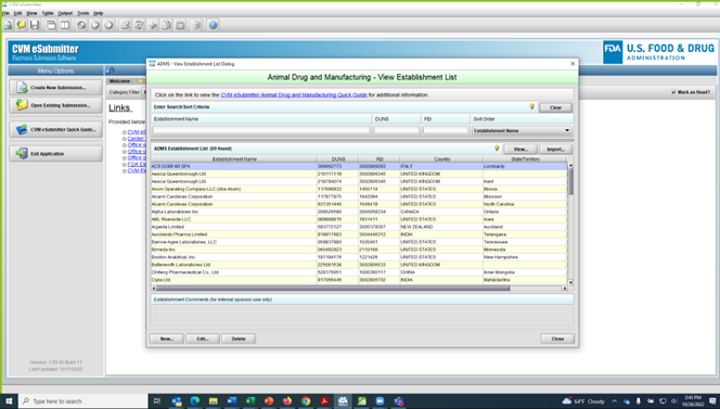 The eSubmitter screenshot displays the ADMS Establishment Book with the link to the CVM eSubmitter Animal Drug and Manufacturing Quick Guide.