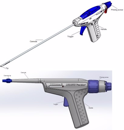 Liquifix FIX8 Laparo Hernia Mesh Fixation and Liquifix Precision Open Hernia Mesh Fixation devices with labeled components.