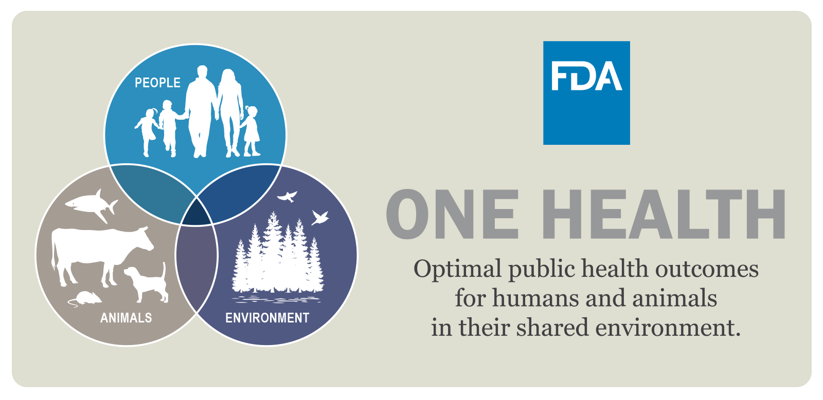 OneHealth graphic showing a venn diagram illustrating the inter-connectedness of people, animals and the environment.