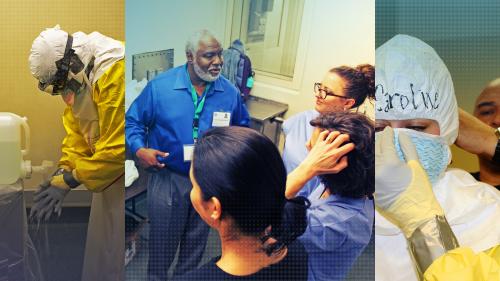 Photo montage of students learning in a mock BSL-4 lab with and without BSL hazmat suits on.