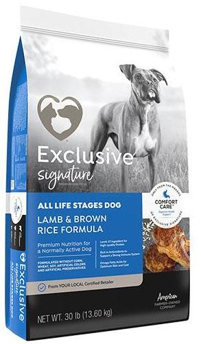 16. “Exclusive, Signature, Lamb & Brown Rice Formula dog food”