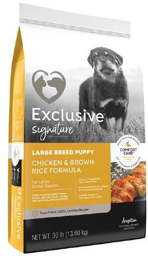 18. “Exclusive, Signature, Chicken & Brown Rice Formula large breed puppy dog food”
