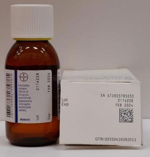 Vitrakvi® (larotrectinib) Oral Solution 20 mg/mL in 100mL glass bottles, Lot# 2114228 and an expiration date of February 29, 2024