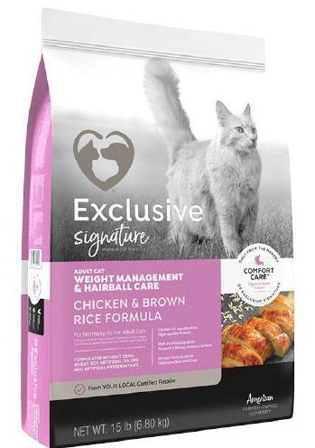 34. “Exclusive Signature, Adult Cat, Weight Management & Hairball care, Chicken and Brown Rice Formula, cat food”