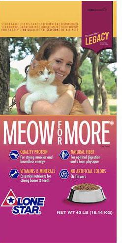 36. “Legacy Meow For More, Lone Star, cat food”