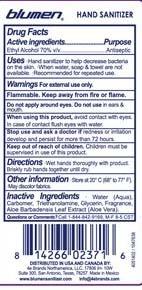 “Blumen Advanced Hand Sanitizer Clear, 33.8 oz back label”