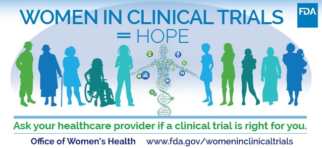 Silhouettes of Women of Different Sizes and Ethnicities standing under a header that says Women in Clinical Trials = HOPE