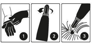 Graphic of three steps. Step 1: Putting gloves on hands. Step 2: Tube with cap in upward position. Twist the cap to open tube. Step 3: Part hair to apply solution to skin.