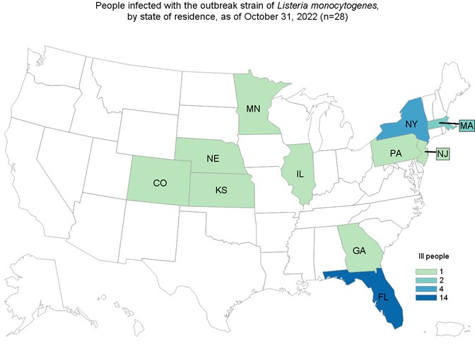 Outbreak Investigation of Listeria Monocytogenes in Florida-Based Big Olaf Ice Cream (July 2022) - CDC Case Count Map as of November 2, 2022