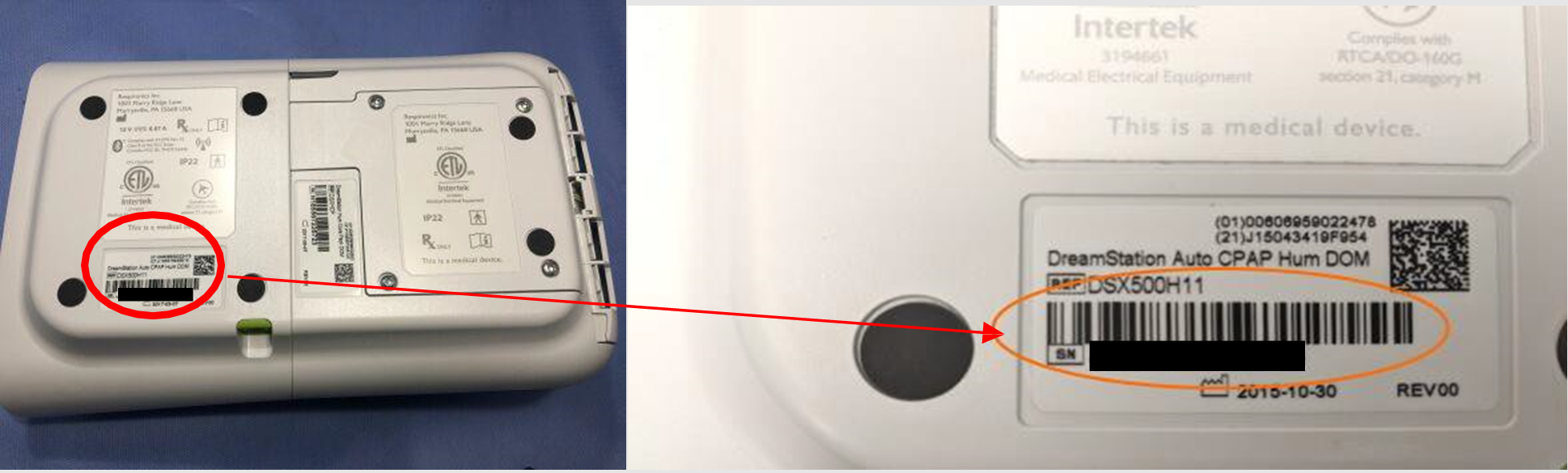 The bottom of a Philips Respironics DreamStation1 highlighting the location of the serial number.