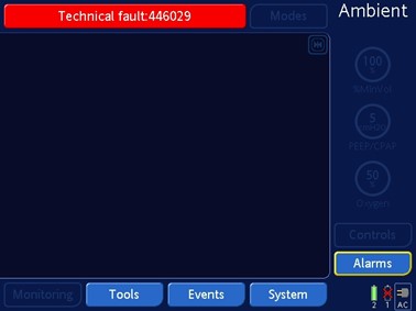 Display of 'Ambient state,' a technical fault on the ventilator screen.