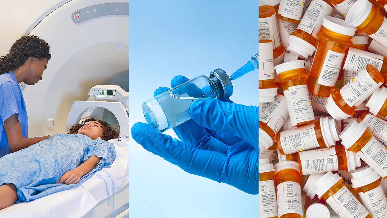 A collage of photos showing a teenage girl entering an MRI machine, a gloved hand inserting a syringe into a vaccine vial, and a pile of prescription pill bottles.