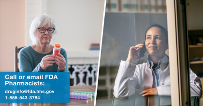 Image depicting an elderly woman staring at her prescription bottle on the left, and a Pharmacist talking on the phone on the right.