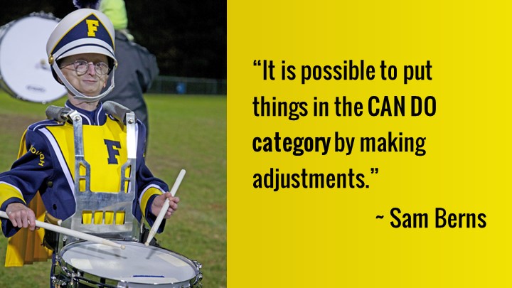 Sam Berns with personalized snare drum carrier