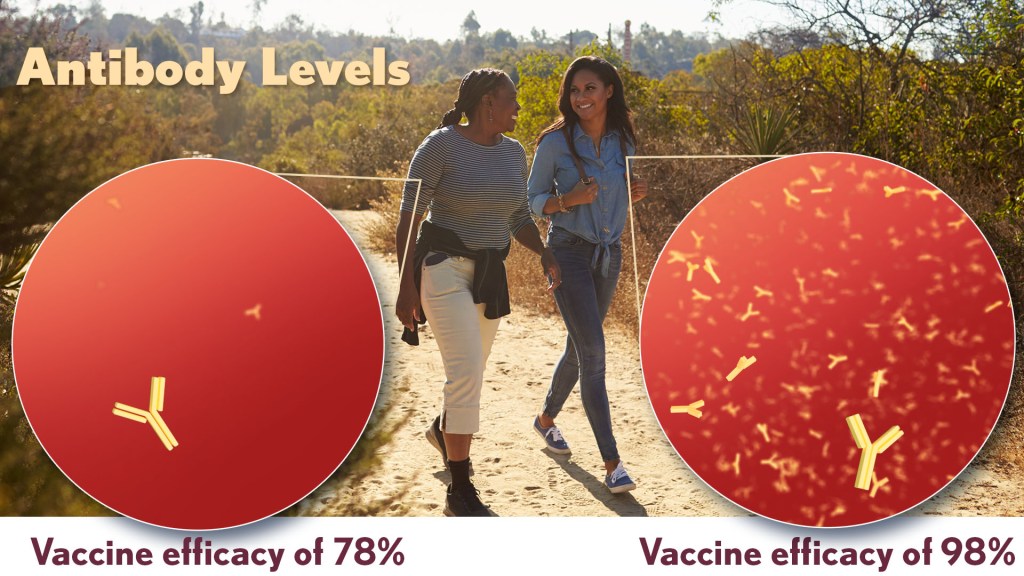 Women walking with two insets showing 1. Few antibodies labeled "Vaccine efficacy of 78%" and 2, many antibodies labeled, "Vaccine efficacy of 98%