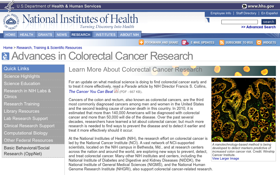 Screenshot of Advances in Colorectal Cancer Research web site.