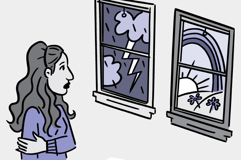 Illustration of woman looking at two windows, one with a violent storm and one with a sunny, peaceful scene.