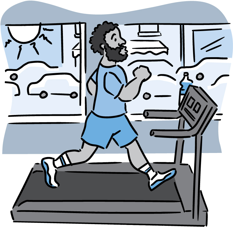 Illustration of a man running indoors on a treadmill, with traffic visible through window.