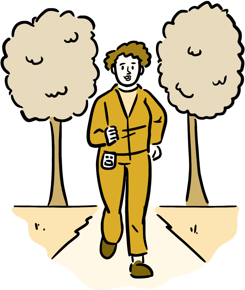 Illustration of a woman wearing a pedometer and walking along a trail.