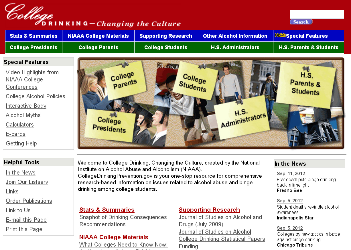 Screen capture of the homepage for the NIAAA College Drinking website.