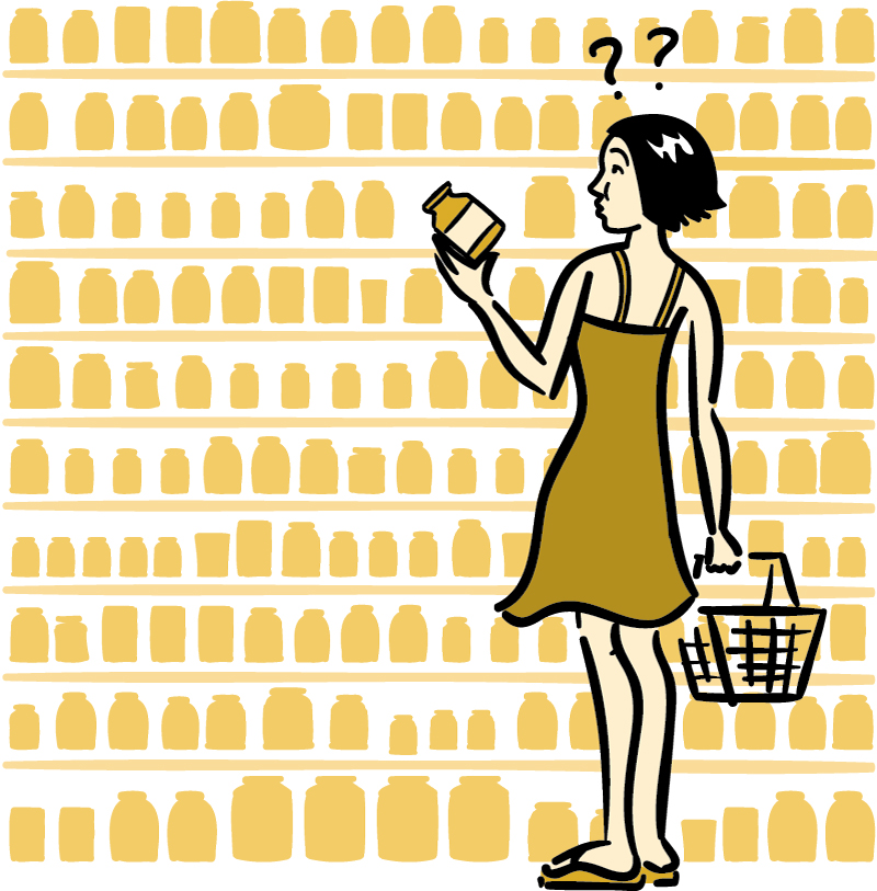 Illustration of a woman shopping for dietary supplements.