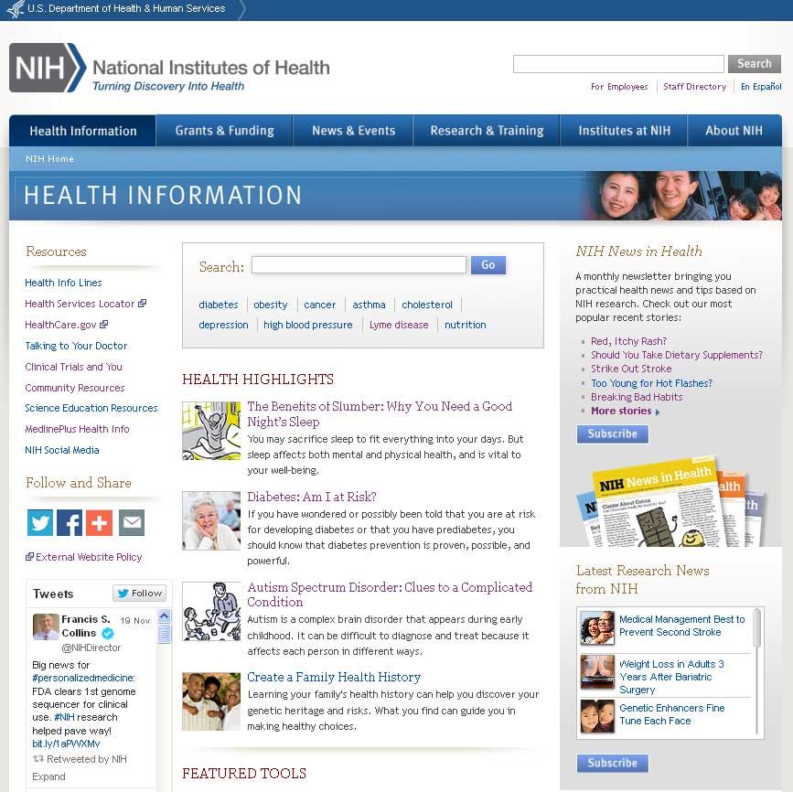 Screen capture of the homepage for the NIH Health Information website.