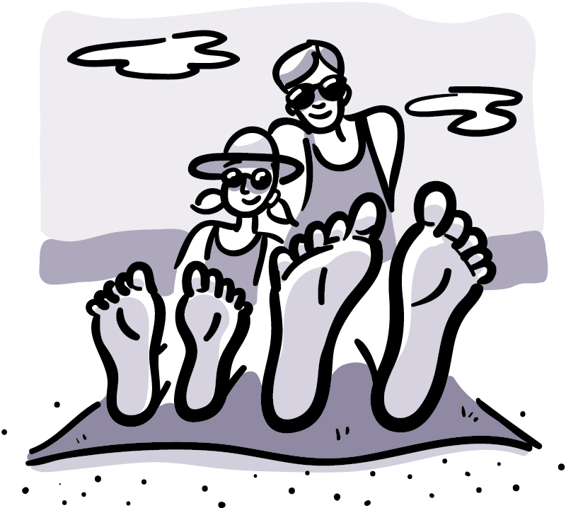 Illustration of a girl and dad sitting at the beach, with their bare feet in the foreground.