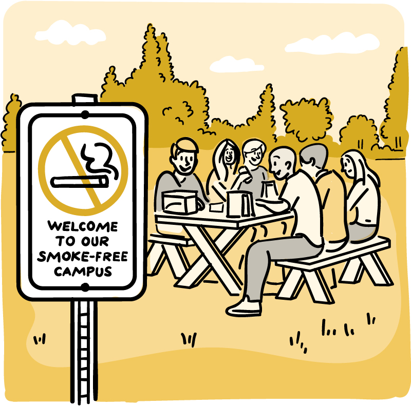 Cartoon of a “No-Smoking” sign in an open outdoor area, with nearby people enjoying a picnic lunch.