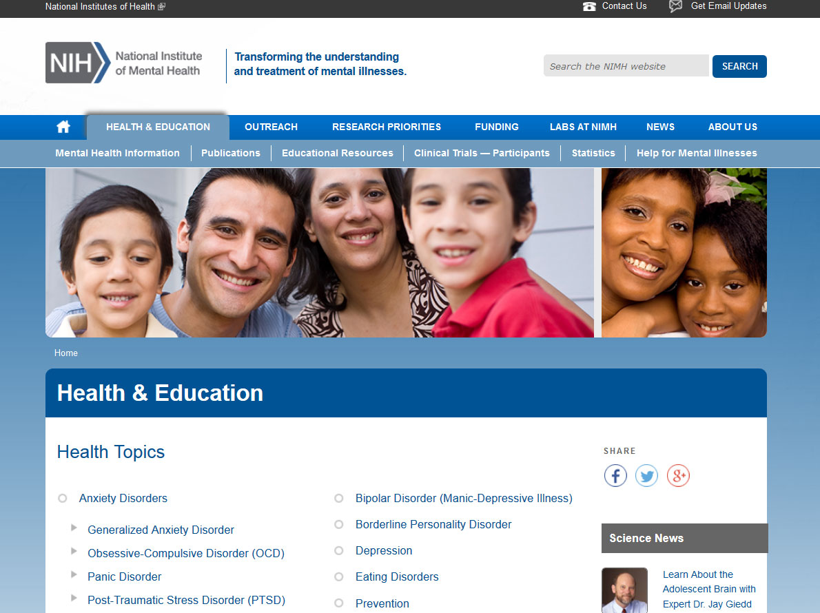 Screen capture of the homepage for the NIMH Mental Health Topics website.