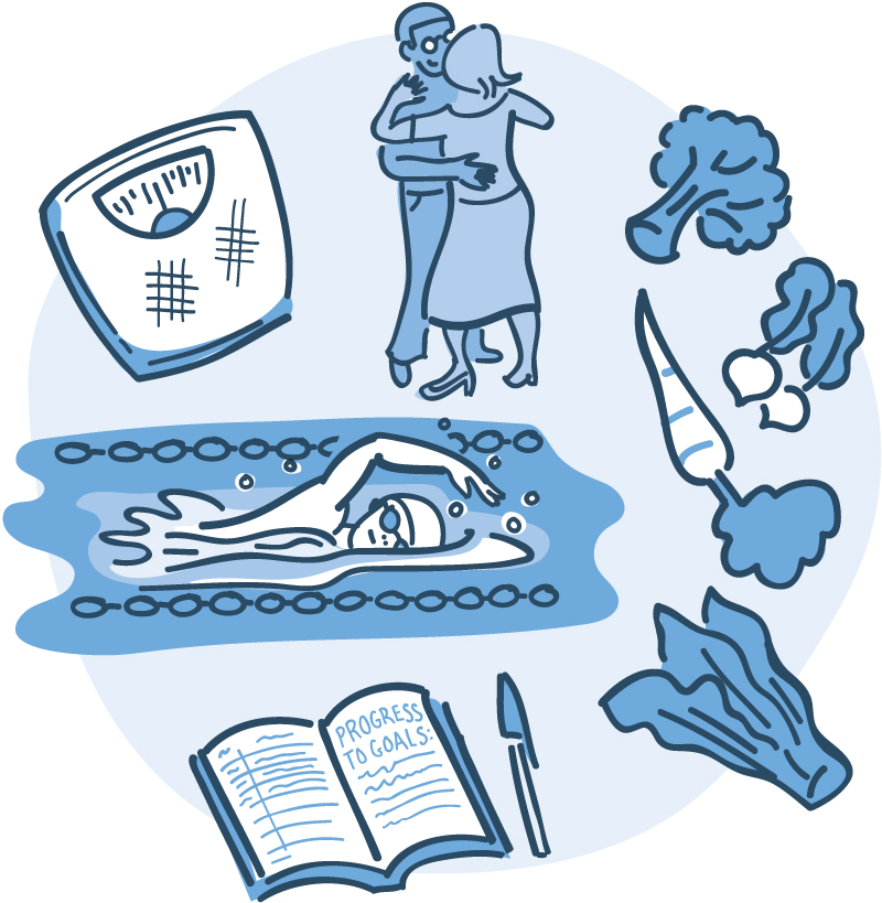 Composite illustration of a couple dancing, a woman swimming, a scale, diary, and vegetables.