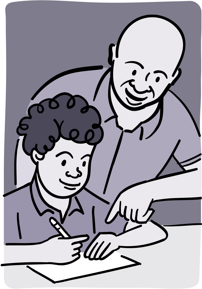 Illustration of a man helping his son with schoolwork.