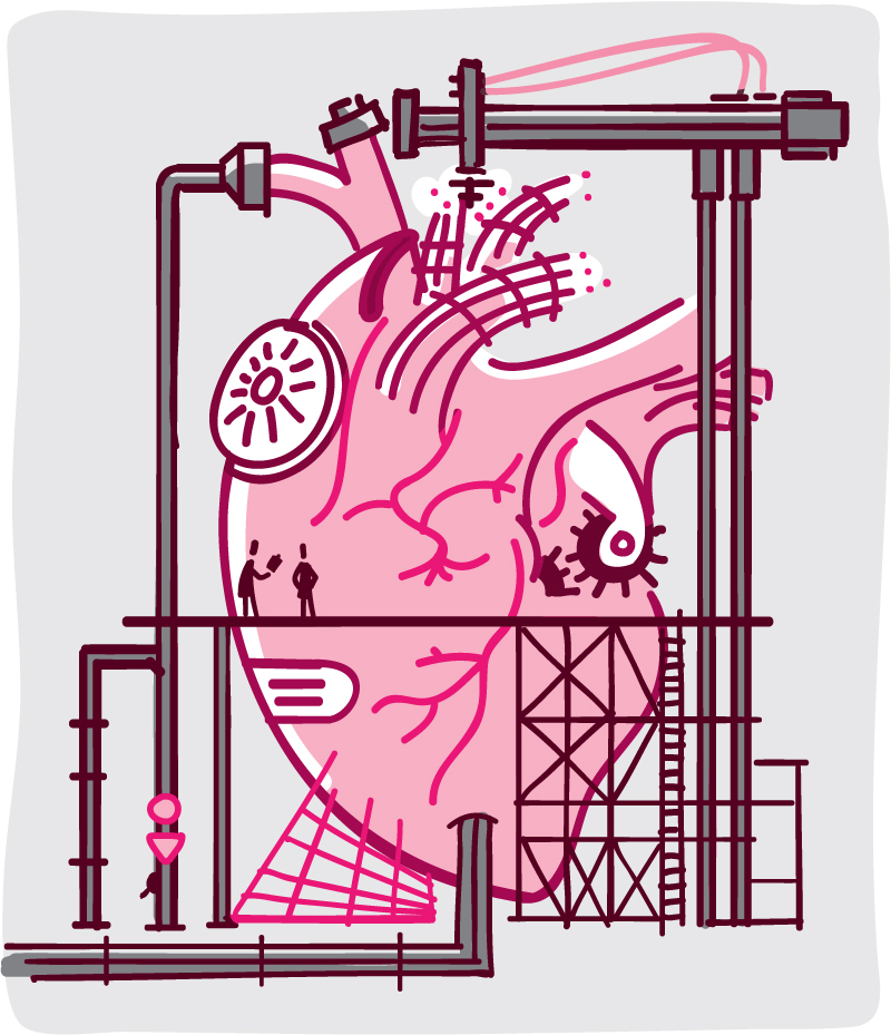 Whimsical illustration of a heart being repaired by construction workers.