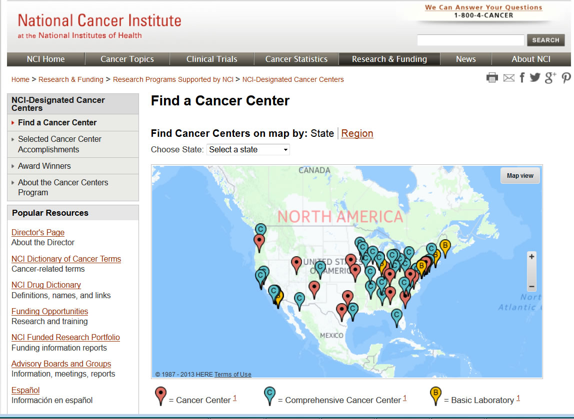 Screen capture of the homepage for the Find a Cancer Center website.