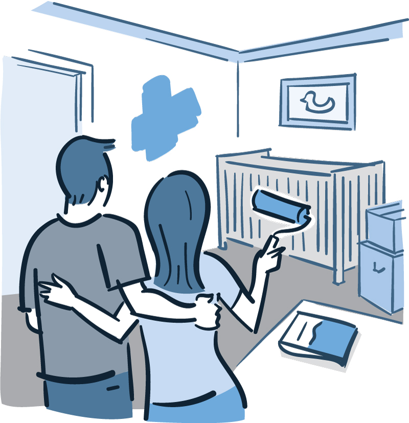 Illustration of a man and woman painting the walls of a nursery room.