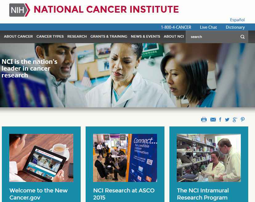 Screen capture of the homepage for NIH’s National Cancer Institute.