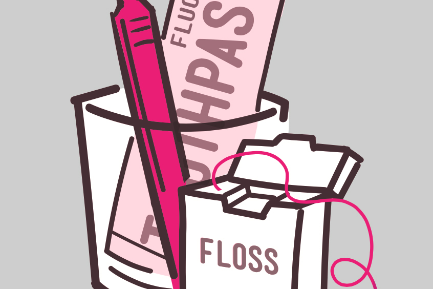 Illustration of toothpaste, toothbrush, and dental floss.