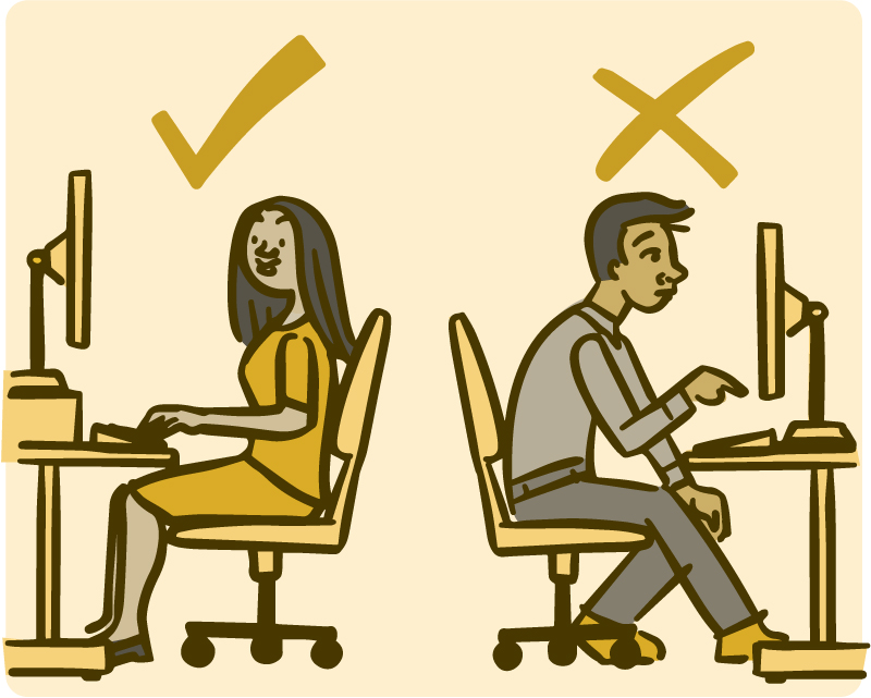 Illustration of proper and improper posture while sitting at a desk