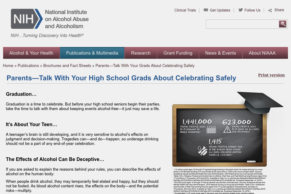 Screenshot the NIH factsheet “Parents—Talk With Your High School Grads About Celebrating Safely”.