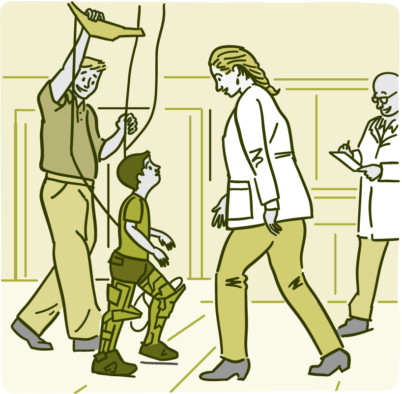 Illustration of a child wearing the robotic exoskeleton in a laboratory