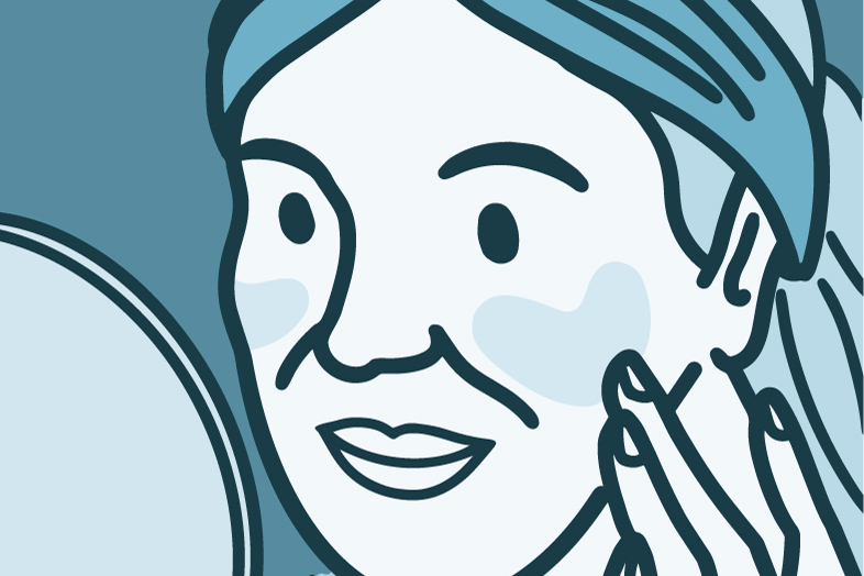 Illustration of a woman touching rosacea patches on her cheeks