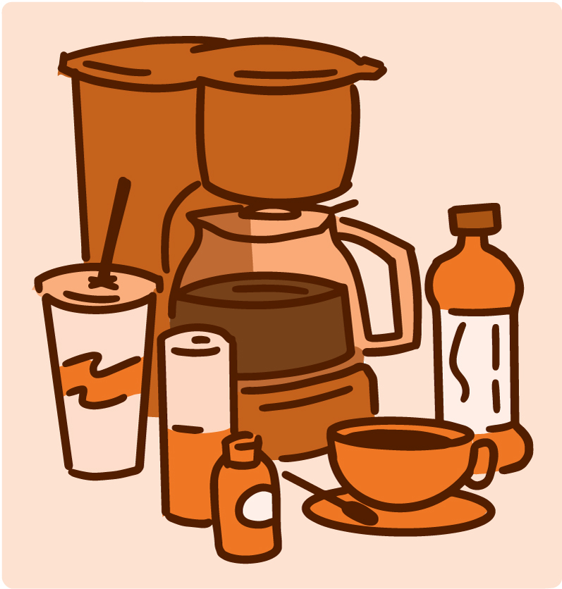 Illustration of products containing caffeine, including coffee and tea