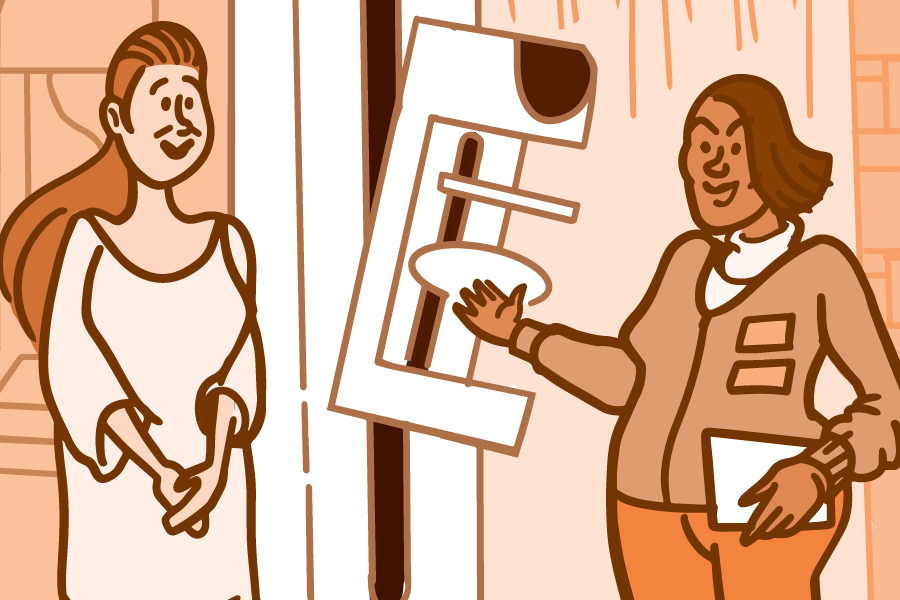 Illustration of a doctor showing a female patient a mammogram machine