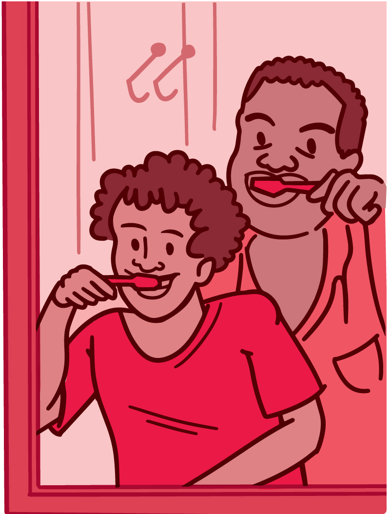 Illustration of a father and son brushing their teeth together in the bathroom mirror