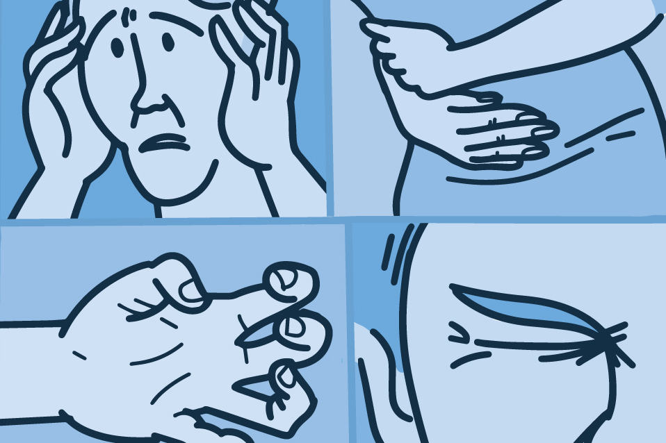Four panels illustrating different uses for botox- Top left-headache; Top right-stomach pain; Lower left-fingers curled; Lower right- eye wrinkles.