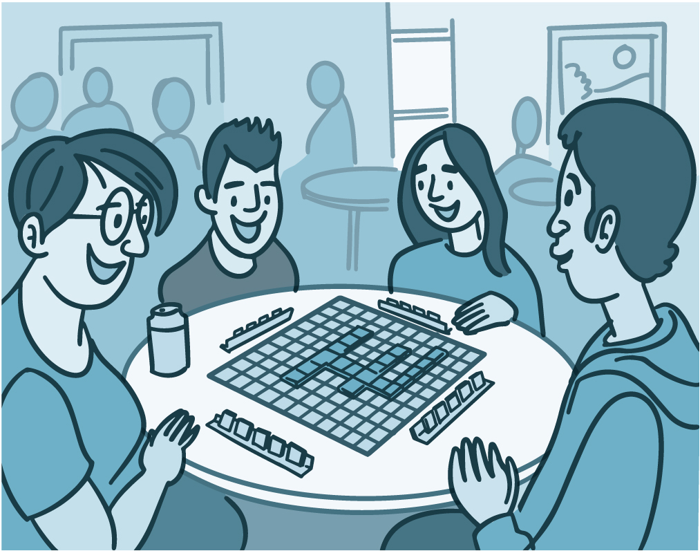 Illustration of a group playing a board game at a community center.